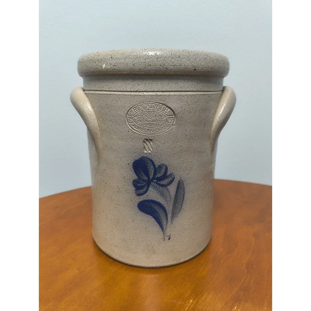 1993 Rockdale Union Stoneware 6 Inch Rachels Kitchen Cobalt Blue Heart Crock